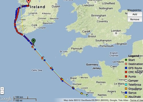 High level view of placings and predicted track to Galway at 0700hrs July 2, 2012 UTC - Leg 9, Volvo Ocean Race © PredictWind.com www.predictwind.com